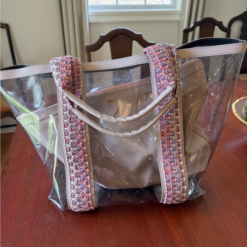 SOLD Cream and Pink Transparent Tote with Geometric Straps